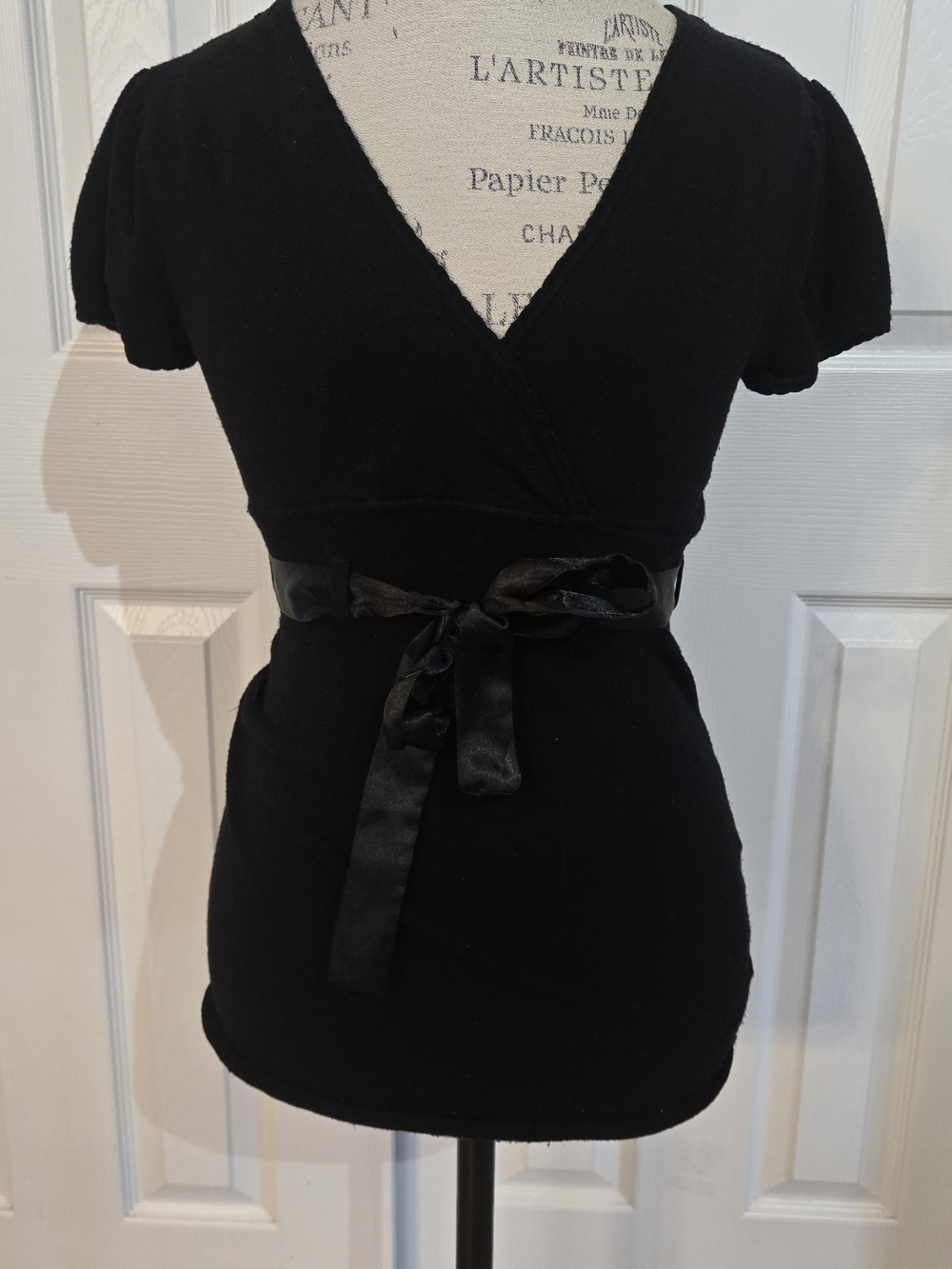 Women's Black V-Neck Wrap Top with Satin Waist Tie